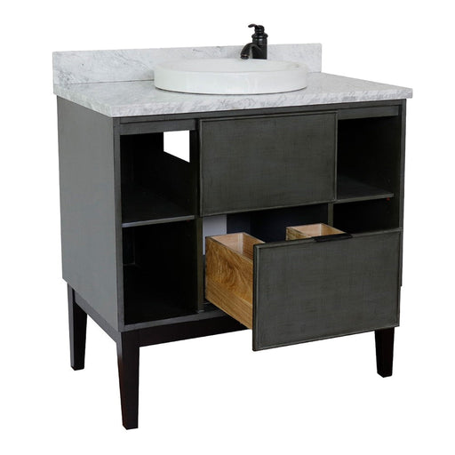 Bellaterra Home Paris Exposed 37" 1-Drawer Linen Gray Freestanding Vanity Set With Ceramic Vessel Sink and White Carrara Marble Top - Luxe Vanity & Tub