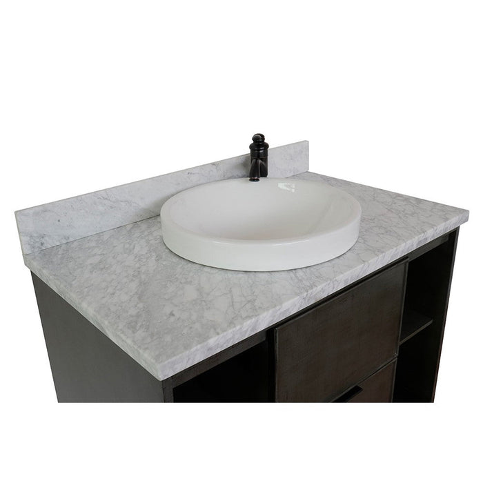 Bellaterra Home Paris Exposed 37" 1-Drawer Linen Gray Freestanding Vanity Set With Ceramic Vessel Sink and White Carrara Marble Top - Luxe Vanity & Tub