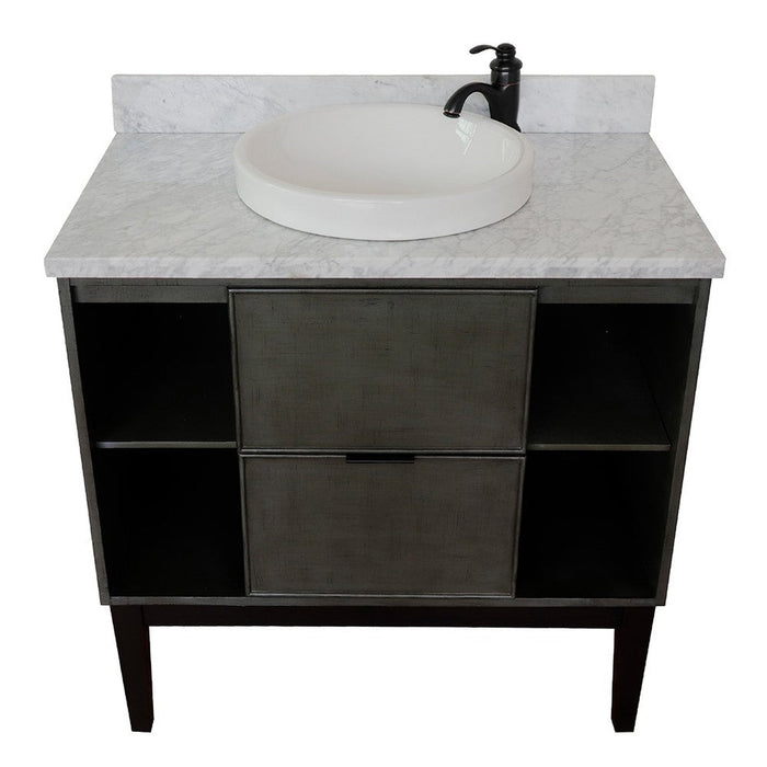 Bellaterra Home Paris Exposed 37" 1-Drawer Linen Gray Freestanding Vanity Set With Ceramic Vessel Sink and White Carrara Marble Top - Luxe Vanity & Tub