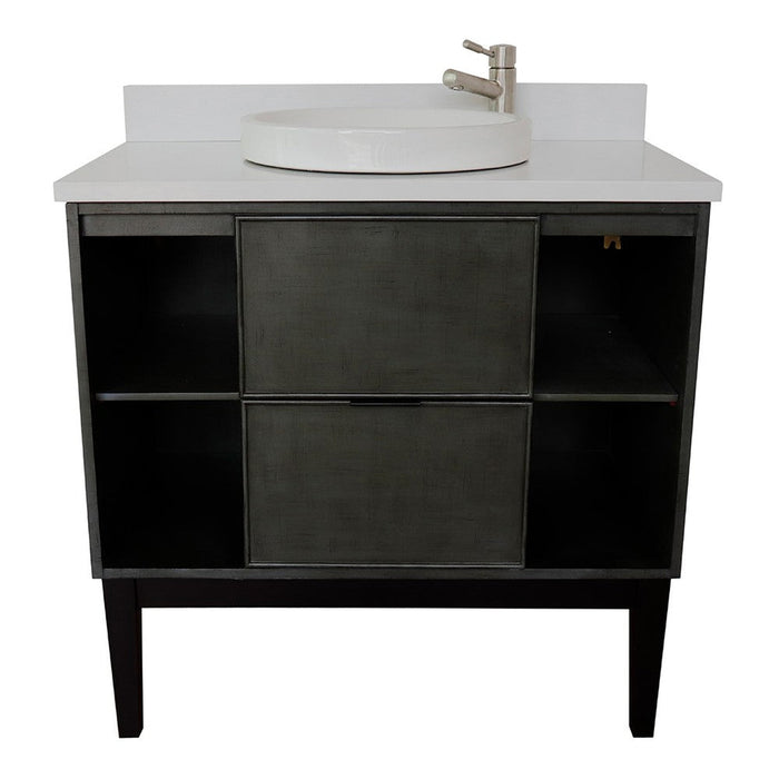 Bellaterra Home Paris Exposed 37" 1-Drawer Linen Gray Freestanding Vanity Set With Ceramic Vessel Sink and White Quartz Top - Luxe Vanity & Tub