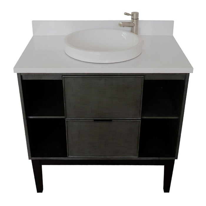 Bellaterra Home Paris Exposed 37" 1-Drawer Linen Gray Freestanding Vanity Set With Ceramic Vessel Sink and White Quartz Top - Luxe Vanity & Tub