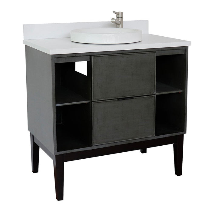 Bellaterra Home Paris Exposed 37" 1-Drawer Linen Gray Freestanding Vanity Set With Ceramic Vessel Sink and White Quartz Top - Luxe Vanity & Tub