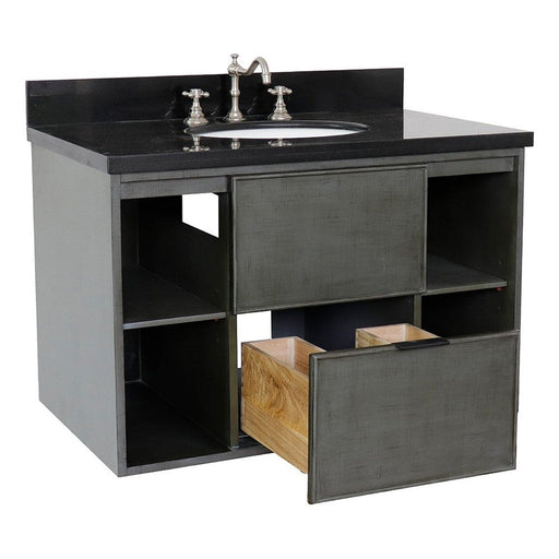 Bellaterra Home Paris Exposed 37" 1-Drawer Linen Gray Wall-Mount Vanity Set With Ceramic Undermount Oval Sink and Black Galaxy Top - Luxe Vanity & Tub