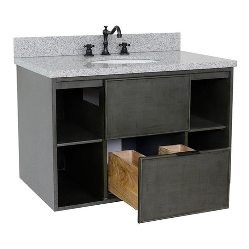 Bellaterra Home Paris Exposed 37" 1-Drawer Linen Gray Wall-Mount Vanity Set With Ceramic Undermount Oval Sink and Gray Granite Top - Luxe Vanity & Tub