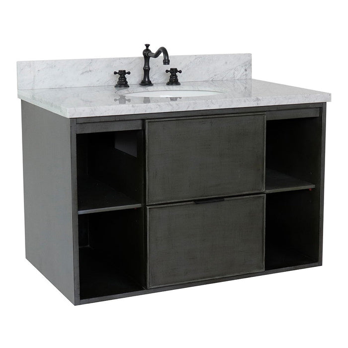 Bellaterra Home Paris Exposed 37" 1-Drawer Linen Gray Wall-Mount Vanity Set With Ceramic Undermount Oval Sink and White Carrara Marble Top - Luxe Vanity & Tub