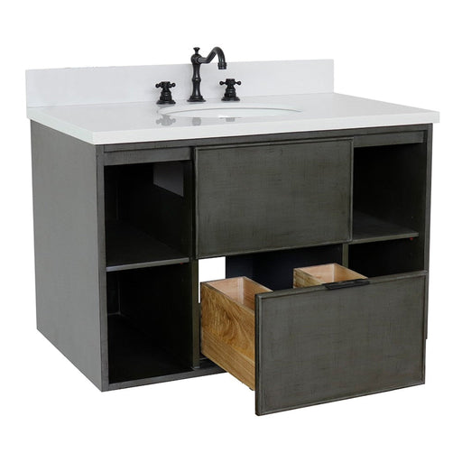 Bellaterra Home Paris Exposed 37" 1-Drawer Linen Gray Wall-Mount Vanity Set With Ceramic Undermount Oval Sink and White Quartz Top - Luxe Vanity & Tub