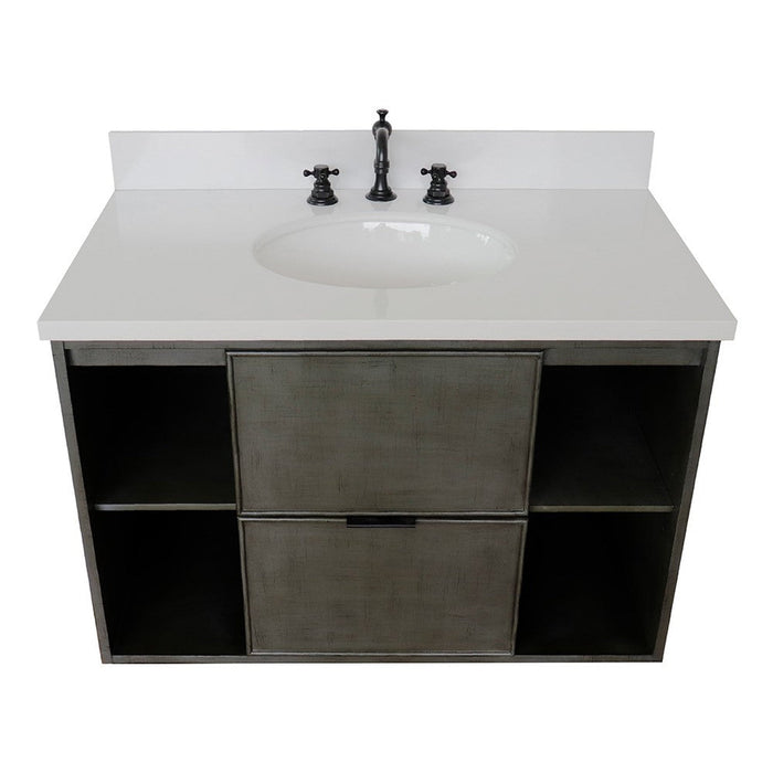 Bellaterra Home Paris Exposed 37" 1-Drawer Linen Gray Wall-Mount Vanity Set With Ceramic Undermount Oval Sink and White Quartz Top - Luxe Vanity & Tub