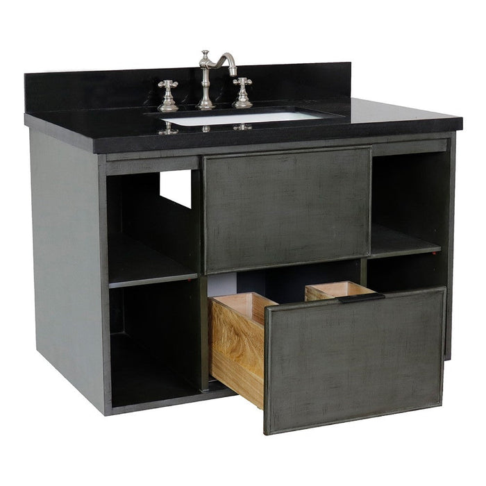 Bellaterra Home Paris Exposed 37" 1-Drawer Linen Gray Wall-Mount Vanity Set With Ceramic Undermount Rectangular Sink and Black Galaxy Top - Luxe Vanity & Tub