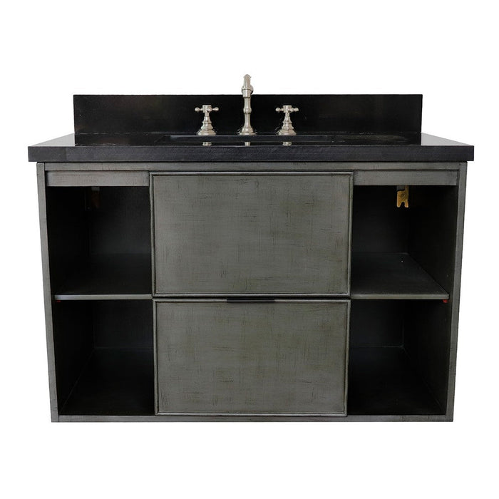 Bellaterra Home Paris Exposed 37" 1-Drawer Linen Gray Wall-Mount Vanity Set With Ceramic Undermount Rectangular Sink and Black Galaxy Top - Luxe Vanity & Tub