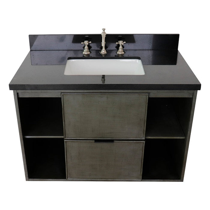 Bellaterra Home Paris Exposed 37" 1-Drawer Linen Gray Wall-Mount Vanity Set With Ceramic Undermount Rectangular Sink and Black Galaxy Top - Luxe Vanity & Tub