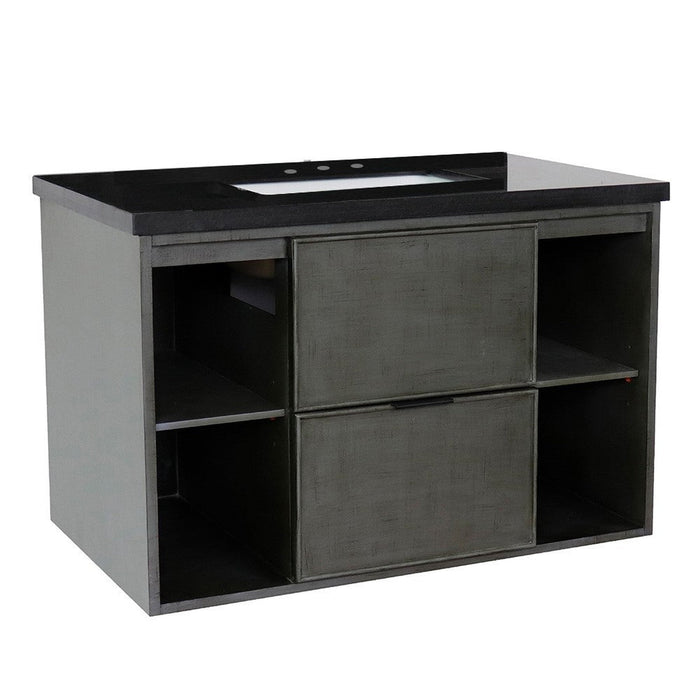 Bellaterra Home Paris Exposed 37" 1-Drawer Linen Gray Wall-Mount Vanity Set With Ceramic Undermount Rectangular Sink and Black Galaxy Top