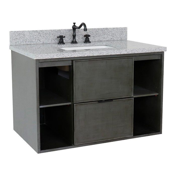 Bellaterra Home Paris Exposed 37" 1-Drawer Linen Gray Wall-Mount Vanity Set With Ceramic Undermount Rectangular Sink and Gray Granite Top - Luxe Vanity & Tub