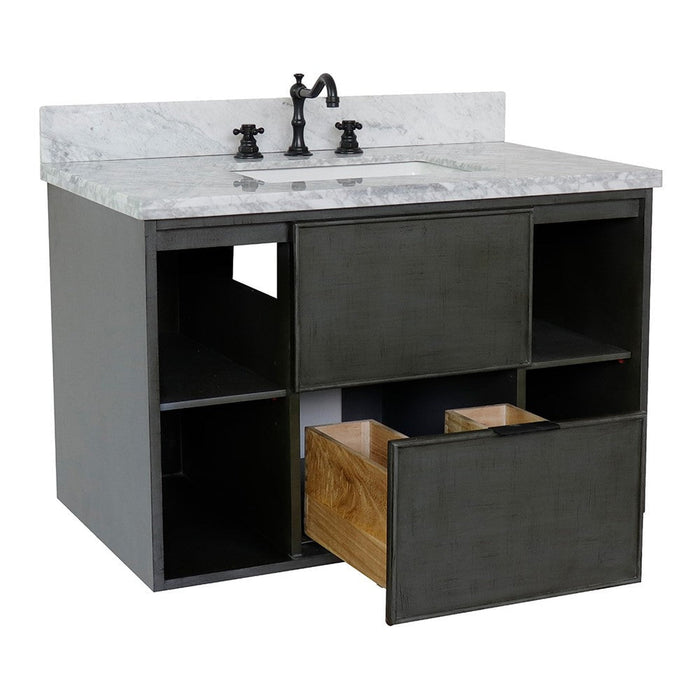 Bellaterra Home Paris Exposed 37" 1-Drawer Linen Gray Wall-Mount Vanity Set With Ceramic Undermount Rectangular Sink and White Carrara Marble Top - Luxe Vanity & Tub