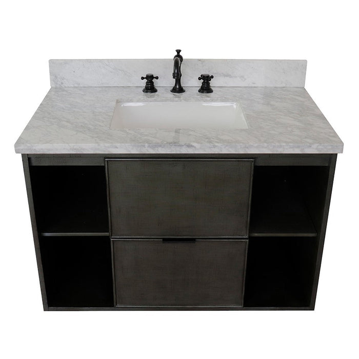 Bellaterra Home Paris Exposed 37" 1-Drawer Linen Gray Wall-Mount Vanity Set With Ceramic Undermount Rectangular Sink and White Carrara Marble Top - Luxe Vanity & Tub