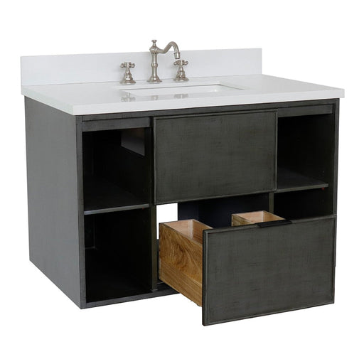 Bellaterra Home Paris Exposed 37" 1-Drawer Linen Gray Wall-Mount Vanity Set With Ceramic Undermount Rectangular Sink and White Quartz Top - Luxe Vanity & Tub