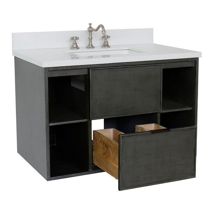 Bellaterra Home Paris Exposed 37" 1-Drawer Linen Gray Wall-Mount Vanity Set With Ceramic Undermount Rectangular Sink and White Quartz Top - Luxe Vanity & Tub