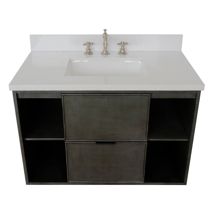 Bellaterra Home Paris Exposed 37" 1-Drawer Linen Gray Wall-Mount Vanity Set With Ceramic Undermount Rectangular Sink and White Quartz Top - Luxe Vanity & Tub