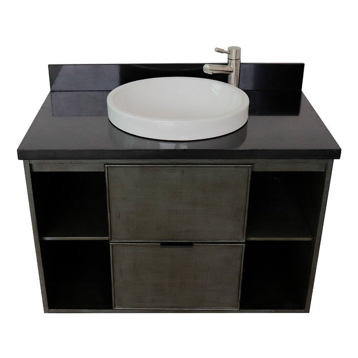 Bellaterra Home Paris Exposed 37" 1-Drawer Linen Gray Wall-Mount Vanity Set With Ceramic Vessel Sink and Black Galaxy Top - Luxe Vanity & Tub