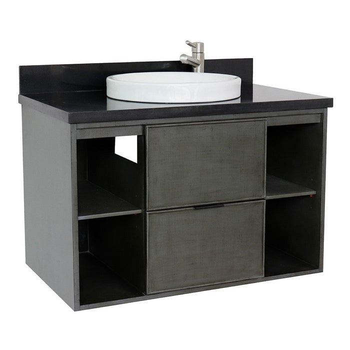 Bellaterra Home Paris Exposed 37" 1-Drawer Linen Gray Wall-Mount Vanity Set With Ceramic Vessel Sink and Black Galaxy Top - Luxe Vanity & Tub