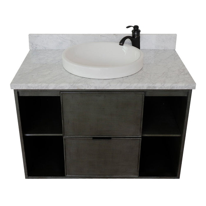 Bellaterra Home Paris Exposed 37" 1-Drawer Linen Gray Wall-Mount Vanity Set With Ceramic Vessel Sink and White Carrara Marble Top - Luxe Vanity & Tub