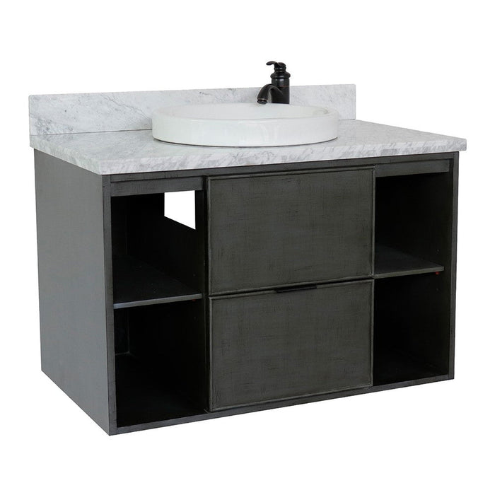 Bellaterra Home Paris Exposed 37" 1-Drawer Linen Gray Wall-Mount Vanity Set With Ceramic Vessel Sink and White Carrara Marble Top - Luxe Vanity & Tub