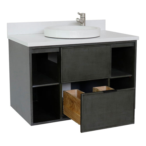 Bellaterra Home Paris Exposed 37" 1-Drawer Linen Gray Wall-Mount Vanity Set With Ceramic Vessel Sink and White Quartz Top - Luxe Vanity & Tub