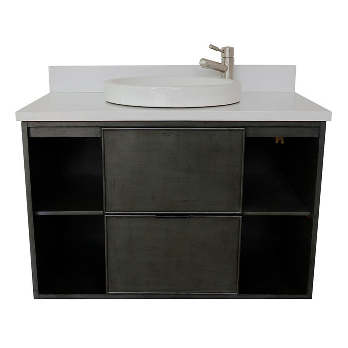 Bellaterra Home Paris Exposed 37" 1-Drawer Linen Gray Wall-Mount Vanity Set With Ceramic Vessel Sink and White Quartz Top - Luxe Vanity & Tub