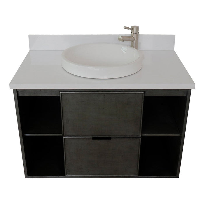 Bellaterra Home Paris Exposed 37" 1-Drawer Linen Gray Wall-Mount Vanity Set With Ceramic Vessel Sink and White Quartz Top - Luxe Vanity & Tub