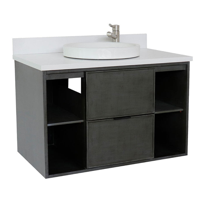 Bellaterra Home Paris Exposed 37" 1-Drawer Linen Gray Wall-Mount Vanity Set With Ceramic Vessel Sink and White Quartz Top - Luxe Vanity & Tub