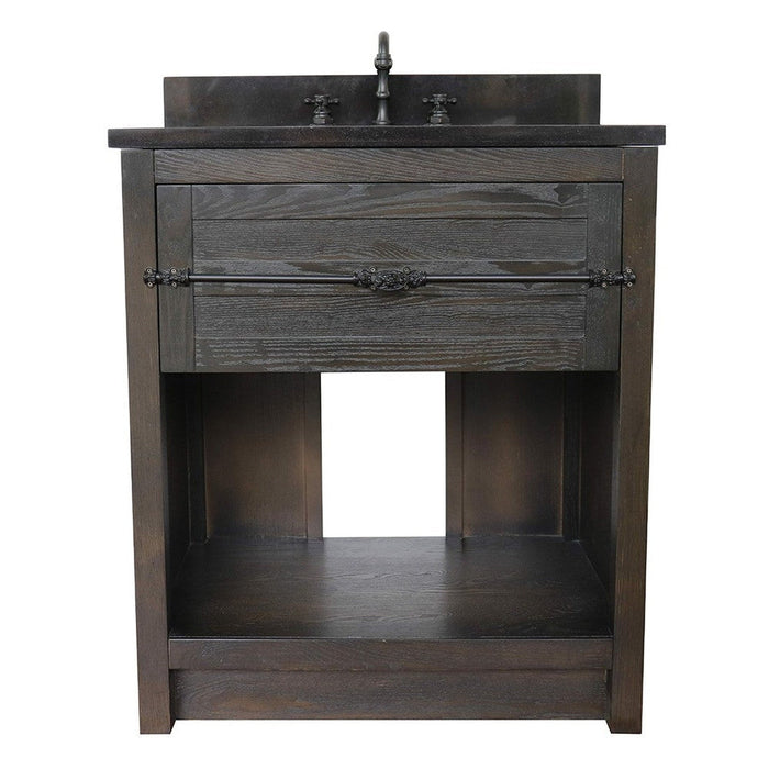 Bellaterra Home Plantation 31" 1-Drawer Brown Ash Freestanding Vanity Set With Ceramic Undermount Oval Sink and Black Galaxy Top - Luxe Vanity & Tub