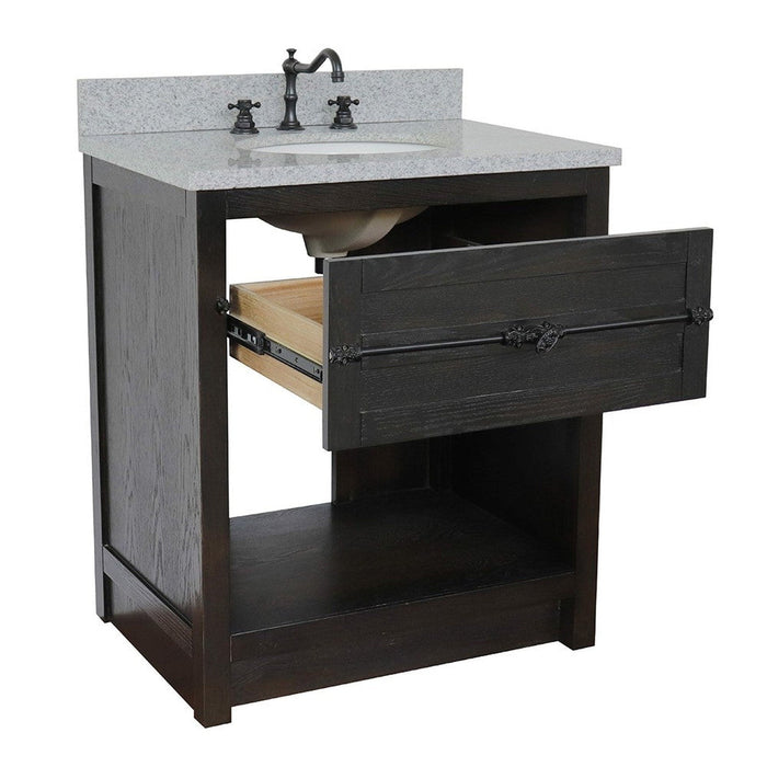 Bellaterra Home Plantation 31" 1-Drawer Brown Ash Freestanding Vanity Set With Ceramic Undermount Oval Sink and Gray Granite Top - Luxe Vanity & Tub