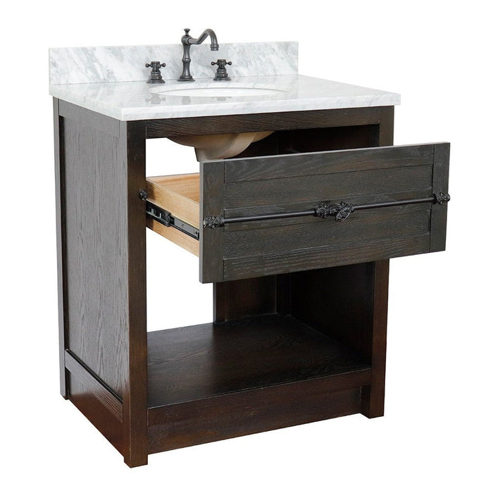 Bellaterra Home Plantation 31" 1-Drawer Brown Ash Freestanding Vanity Set With Ceramic Undermount Oval Sink and White Carrara Marble Top - Luxe Vanity & Tub