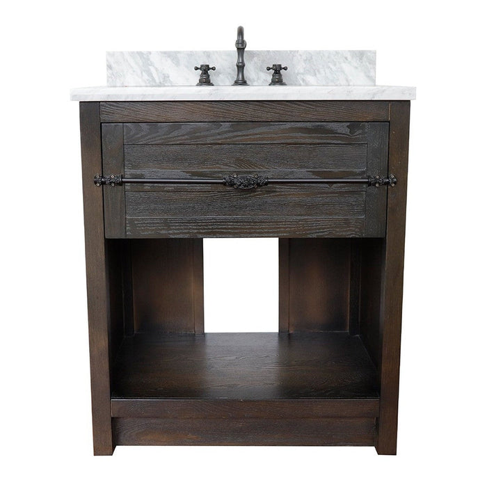 Bellaterra Home Plantation 31" 1-Drawer Brown Ash Freestanding Vanity Set With Ceramic Undermount Oval Sink and White Carrara Marble Top - Luxe Vanity & Tub