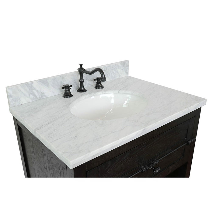 Bellaterra Home Plantation 31" 1-Drawer Brown Ash Freestanding Vanity Set With Ceramic Undermount Oval Sink and White Carrara Marble Top - Luxe Vanity & Tub