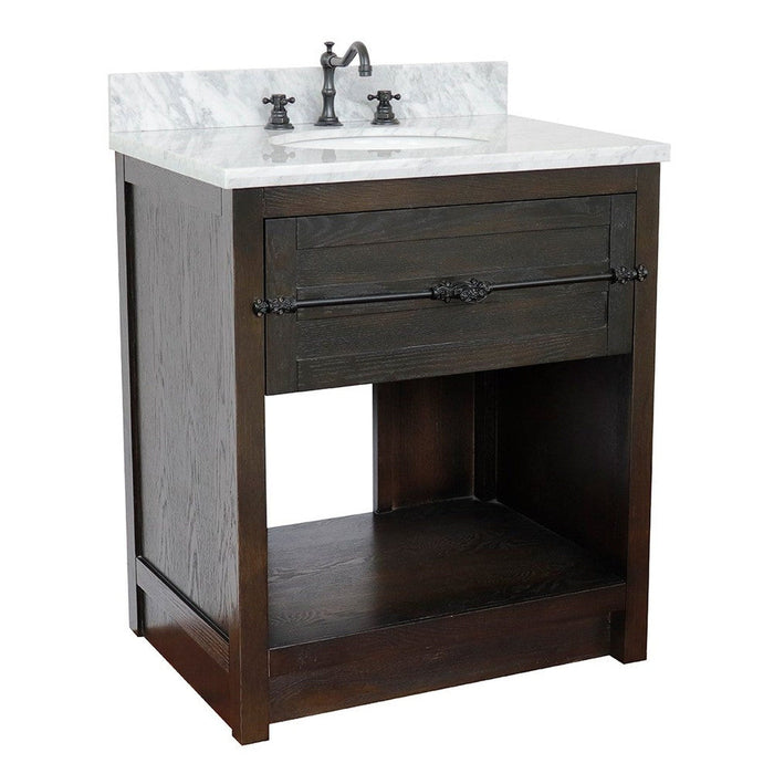 Bellaterra Home Plantation 31" 1-Drawer Brown Ash Freestanding Vanity Set With Ceramic Undermount Oval Sink and White Carrara Marble Top - Luxe Vanity & Tub