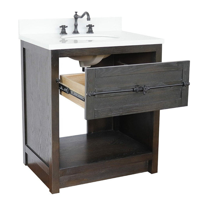 Bellaterra Home Plantation 31" 1-Drawer Brown Ash Freestanding Vanity Set With Ceramic Undermount Oval Sink and White Quartz Top - Luxe Vanity & Tub