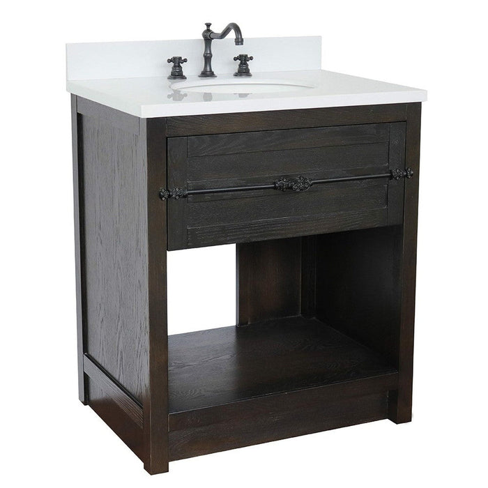 Bellaterra Home Plantation 31" 1-Drawer Brown Ash Freestanding Vanity Set With Ceramic Undermount Oval Sink and White Quartz Top - Luxe Vanity & Tub