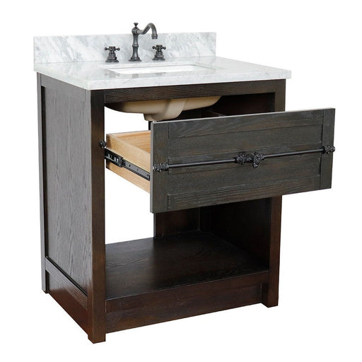 Bellaterra Home Plantation 31" 1-Drawer Brown Ash Freestanding Vanity Set With Ceramic Undermount Rectangular Sink and White Carrara Marble Top - Luxe Vanity & Tub