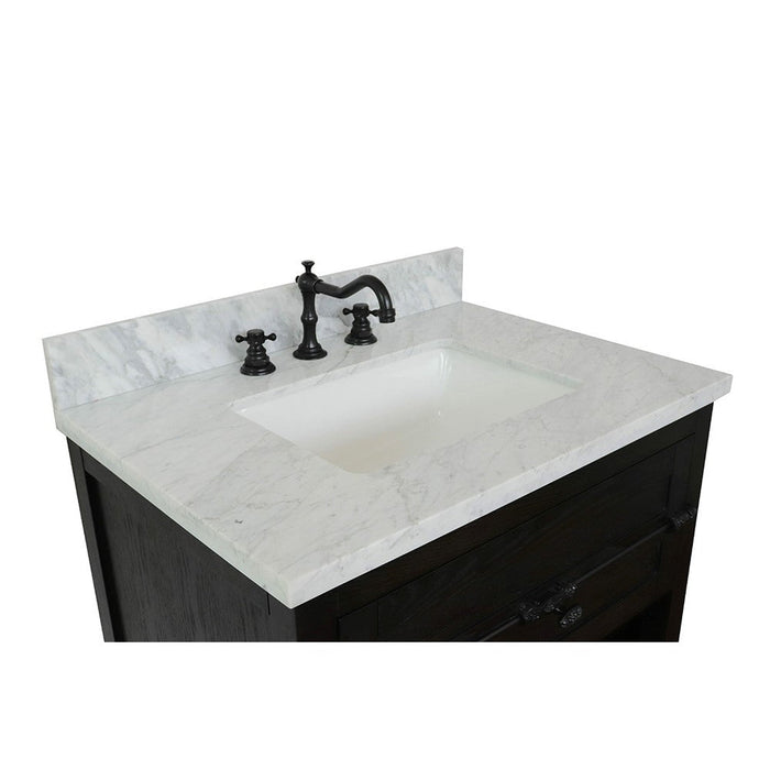 Bellaterra Home Plantation 31" 1-Drawer Brown Ash Freestanding Vanity Set With Ceramic Undermount Rectangular Sink and White Carrara Marble Top - Luxe Vanity & Tub