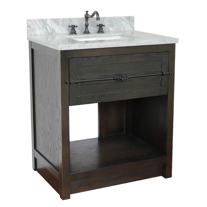 Bellaterra Home Plantation 31" 1-Drawer Brown Ash Freestanding Vanity Set With Ceramic Undermount Rectangular Sink and White Carrara Marble Top - Luxe Vanity & Tub