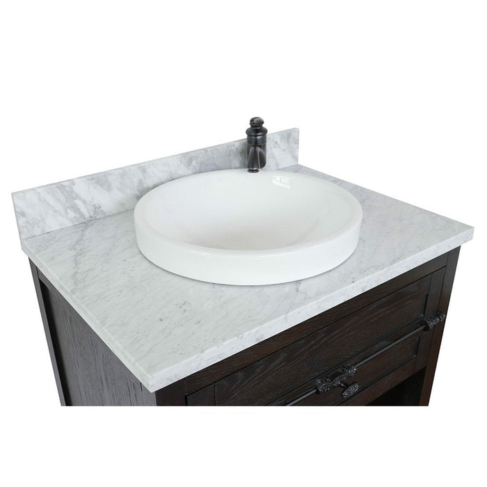 Bellaterra Home Plantation 31" 1-Drawer Brown Ash Freestanding Vanity Set With Ceramic Vessel Sink and White Carrara Marble Top - Luxe Vanity & Tub