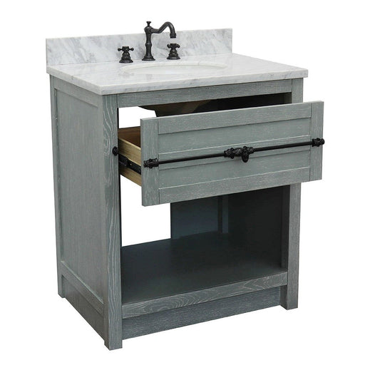 Bellaterra Home Plantation 31" 1-Drawer Gray Ash Freestanding Vanity Set With Ceramic Undermount Oval Sink and White Carrara Marble Top - Luxe Vanity & Tub