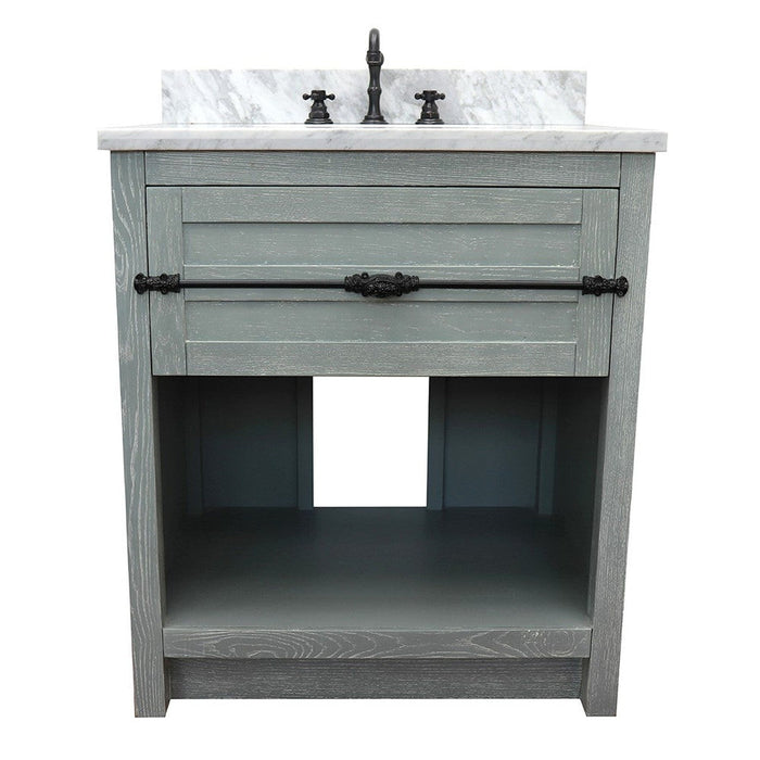 Bellaterra Home Plantation 31" 1-Drawer Gray Ash Freestanding Vanity Set With Ceramic Undermount Oval Sink and White Carrara Marble Top - Luxe Vanity & Tub