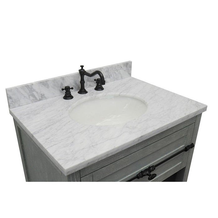 Bellaterra Home Plantation 31" 1-Drawer Gray Ash Freestanding Vanity Set With Ceramic Undermount Oval Sink and White Carrara Marble Top - Luxe Vanity & Tub