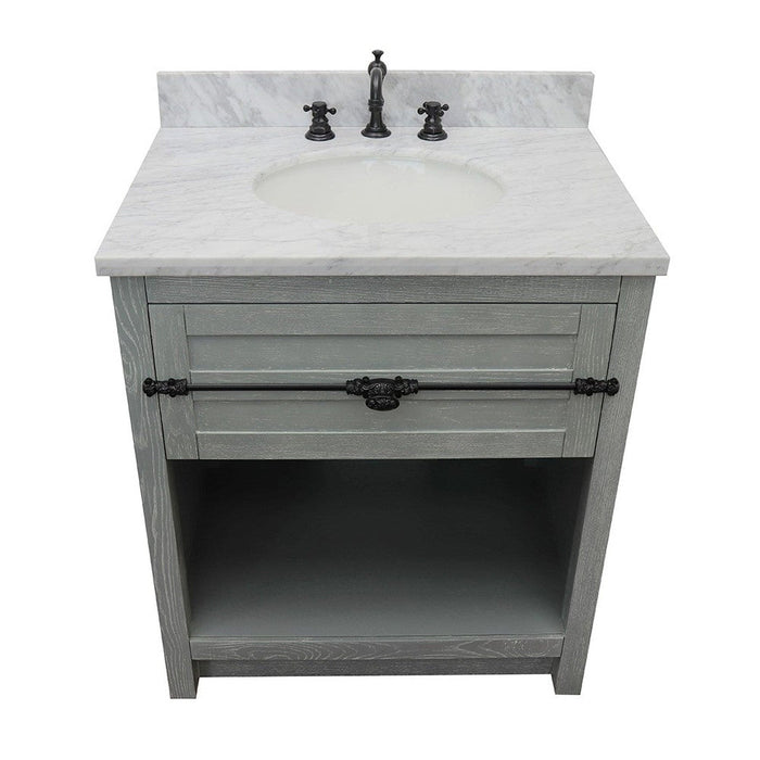 Bellaterra Home Plantation 31" 1-Drawer Gray Ash Freestanding Vanity Set With Ceramic Undermount Oval Sink and White Carrara Marble Top - Luxe Vanity & Tub