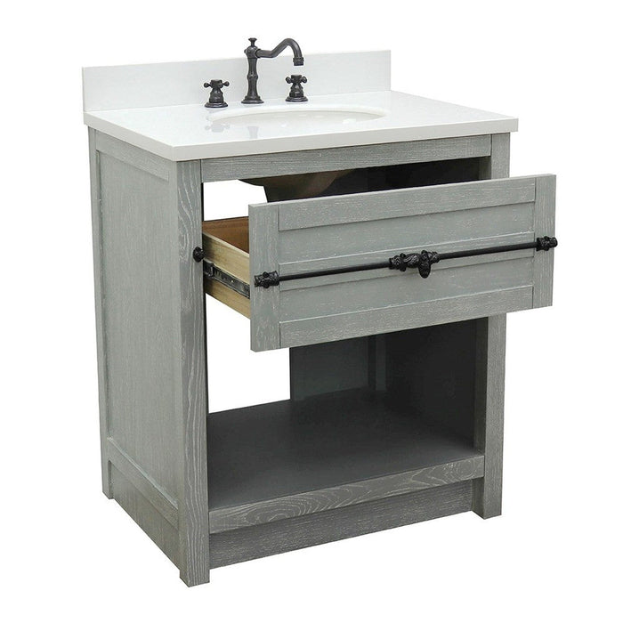 Bellaterra Home Plantation 31" 1-Drawer Gray Ash Freestanding Vanity Set With Ceramic Undermount Oval Sink and White Quartz Top - Luxe Vanity & Tub