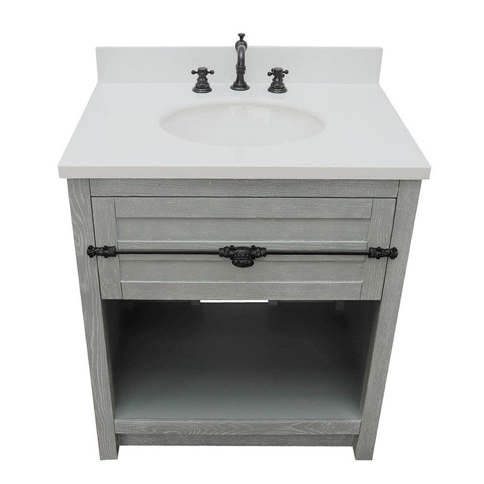 Bellaterra Home Plantation 31" 1-Drawer Gray Ash Freestanding Vanity Set With Ceramic Undermount Oval Sink and White Quartz Top - Luxe Vanity & Tub