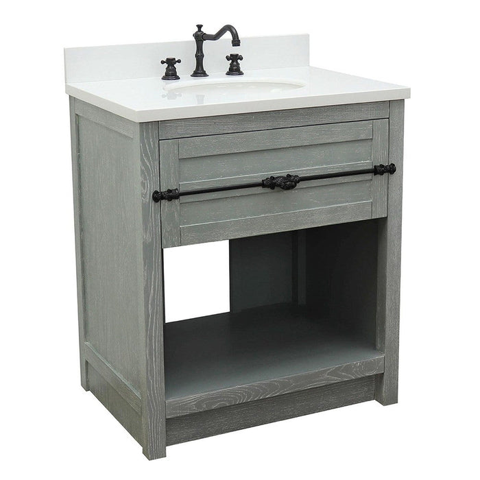 Bellaterra Home Plantation 31" 1-Drawer Gray Ash Freestanding Vanity Set With Ceramic Undermount Oval Sink and White Quartz Top - Luxe Vanity & Tub