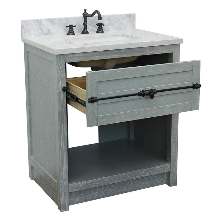 Bellaterra Home Plantation 31" 1-Drawer Gray Ash Freestanding Vanity Set With Ceramic Undermount Rectangular Sink and White Carrara Marble Top - Luxe Vanity & Tub