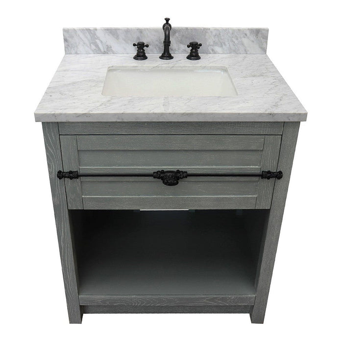 Bellaterra Home Plantation 31" 1-Drawer Gray Ash Freestanding Vanity Set With Ceramic Undermount Rectangular Sink and White Carrara Marble Top - Luxe Vanity & Tub